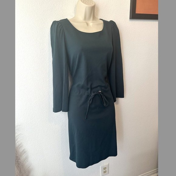 Massimo Dutti NWT S Forest Green Knee Length Dress 3/4 Sleeve Tie Waist Modest‎ - Picture 4 of 10